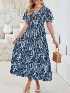 Abstract V -Neck Short Sleeved Summer Dress